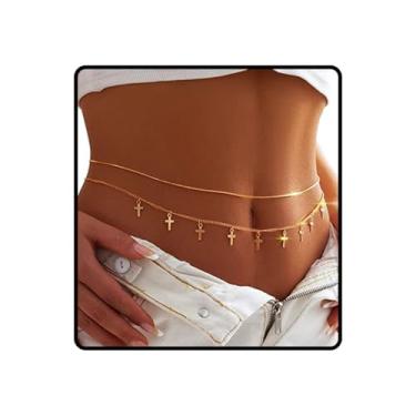 Imagem de Ursumy Corrente dourada delicada em camadas na cintura com lantejoulas para barriga cinto cruzado biquíni joia corporal para mulheres, One size, não, não
