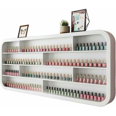 Imagem de LGEOELIAS Rack de armazenamento de esmalte de madeira montado na parede com armário em forma de casa branco perfeito para salão de beleza e organizadores de lojas de spa em casa