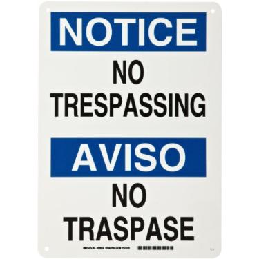 Imagem de Brady 38614 25,4 cm de largura x 35,5 cm de altura B-401 Plástico, azul e preto sobre branco, placa bilíngue, inglês e espanhol, cabeçalho "Aviso/Aviso", legenda "No Trespassing/No traspase"