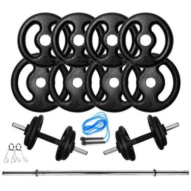 Imagem de Kit Musculação 20Kg Anilhas E Barras + Corda Treino Em Casa - SEPO
