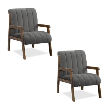 Imagem de Poltrona Decorativa Sala Base de Madeira kit 2 Daline Bouclê Cinza Escuro E03 - D`Rossi