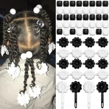 Imagem de VENOFEN 60 peças de presilhas de cabelo com dobradiça de flor, preto e branco, lindas contas de pônei para cabelo, dreadlock, anos 80, 90, alfinetes de cabelo de flores de plástico para meninas,