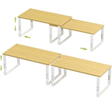 Imagem de Prateleiras de armazenamento ajustáveis para organização de armários de cozinha – Conjunto de 2 prateleiras empilháveis de metal e madeira projetada, design que economiza espaço para bancada/despensa