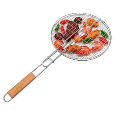 Imagem de Grelha Dupla para Churrasco Inox, Cabo De Madeira 31x31cm Resistente Antiaderente Arame Com Fivela E Malha Aço Inox Reforçada e Segura