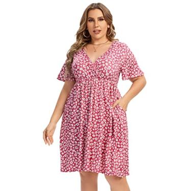 Imagem de KOJOOIN Vestido feminino plus size floral de verão, casual, gola V, evasê, com babados e cinto, Pinkdaisy*kj, 3G