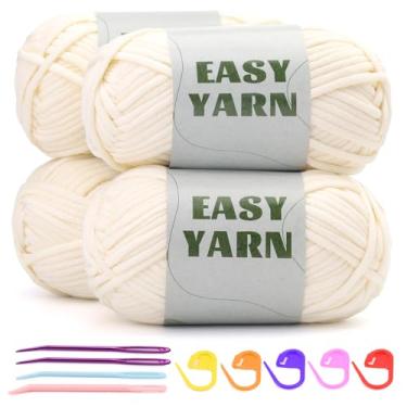 Imagem de Fio branco leitoso de 4 x 50 g para crochê e tricô, fio para iniciantes com pontos fáceis de ver, fio de mistura de algodão e nylon, fio de camiseta com marcador de ponto e agulha de cotovelo