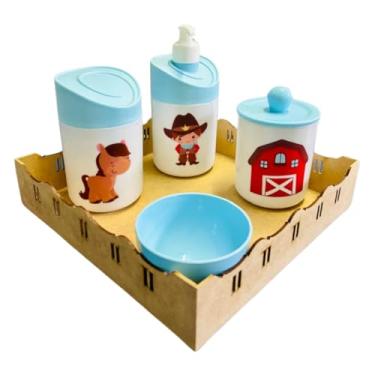 Imagem de Kit Higiene Baby Cowboy Menino c/bandeja em MDF (Quadrada crua/azul)