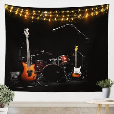 Imagem de jejeloiu Instrumento musical para pendurar na parede, médio, 150 x 150 cm, kit de bateria de guitarra, tapeçaria para crianças, meninos, meninas, preto, laranja, decoração de parede, arte de parede