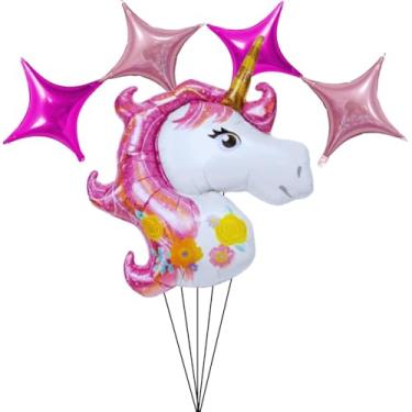 Imagem de Balão Metalizado Cabeça de Unicórnio Rosa 3D 100cm + 4 Estrelas 25cm Rosa Pink Decoração Festa Infantil Fantasia Mágica