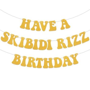 Imagem de Have a Skibidi Rizz Banner de aniversário Happy Skibidi Banner de aniversário engraçado Zoomer Bday decorações ouro glitter