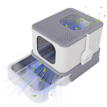 Imagem de RIZZARI Caixa de areia fechada para gatos com tampa, caixa de areia grande dobrável com colher de areia, vaso sanitário para gatos de entrada superior para gatinhos e gatos grandes (cinza claro, aço