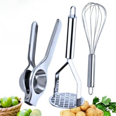 Imagem de Kit 5 Espremedor de Limão Premium Inox Amassador batatas Batedor de Ovos Fue descascador legumes(KIT ESPREMEDOR+BATEDOR+AMASSAD)