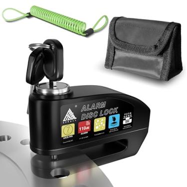 Imagem de EFEALL Bloqueio de disco de alarme com alarme 110dB, bloqueio de disco de motocicleta à prova d'água antifurto com cabo de lembrete de 1,2 m e bolsa de transporte, trava de roda de motocicleta para