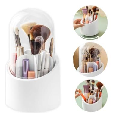 Imagem de Organizador Giratório 360° para Maquiagem com Tampa Antipó – 7 Compartimentos Removíveis, Plástico PP Resistente, Compacto para Pincéis e Cosméticos Premium