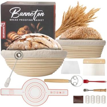Imagem de LoveHaven Conjunto De Cestas Para Fermentação Pão Banneton - Kit Inicial Fermento Natural Com Utensílios Fazer, Como 9" E 10", Batedor, Pincel, Raspador, Lâmina, Forros Outros Suprimentos Premium Pa