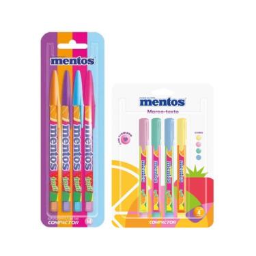 Imagem de Kit  Mentos 8 peças com 4 Canetas e 4 Marca Texto Mentos Compactor com cheirinho de Mentos tons pastéis papelaria materi