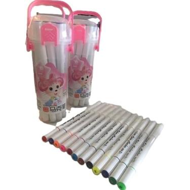 Imagem de Kit Com 12 Canetinhas Coloridas Ponta Dupla Com Estojo (Estojo Rosa)