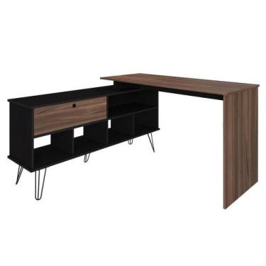 Imagem de Mesa Escrivaninha Em L Com Porta E 6 Nichos Hawaii Ipê/preto - ARTANY