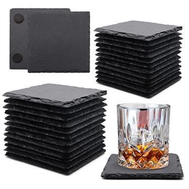 Imagem de Pacote com 24 porta-copos quadrados de ardósia, porta-copos VIBRATITE de pedra de ardósia preta de 10 cm, porta-copos a granel com gravação a laser com fundo antiarranhões para bebida, café, bar