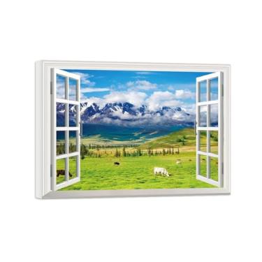 Imagem de Quadro de Parede Janela Falsa-Paisagens Impressões em Tela-Nuvens Grassland Animal-Natureza Pinturas Decoração 50x70cm-19x27in Tela Embrulhada