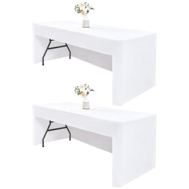 Imagem de Wolkemer Pacote com 2 toalhas de mesa abertas nas costas, retangulares de 1,8 m (182 x 76 cm), toalha de mesa de 3 lados lavável em tecido branco para mesas dobráveis, shows de artesanato, exibições