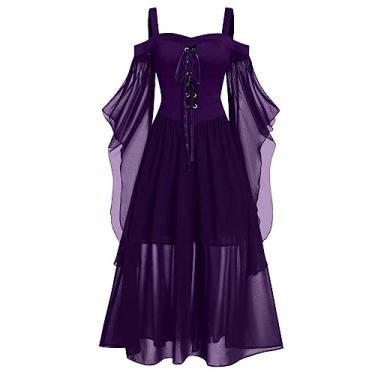Imagem de Lxitoler Vestido medieval para mulheres, vestidos renascentistas, espartilho gótico, fantasia de bruxa, vestido de fada plus size, 02 - Roxo, 3G