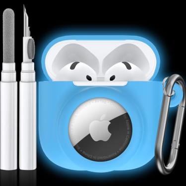 Imagem de LDSXAY Capa de silicone 2 em 1 compatível com AirPod 4 e AirTag, capa protetora à prova de choque para AirPods 4ª geração com kit de limpeza e mosquetão (azul brilhante)