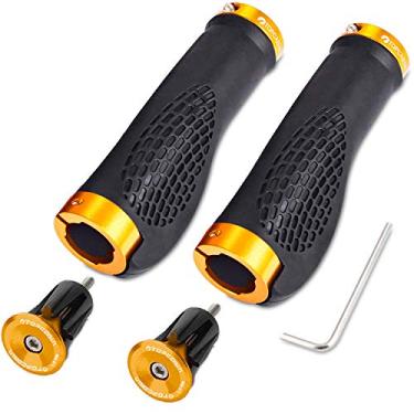 Imagem de TOPCABIN Punhos ergonômicos de bicicleta - borracha de fixação alargada com travas de alumínio para bicicletas de montanha e estrada (plugue de bloqueio de alumínio + pegas, dourado)
