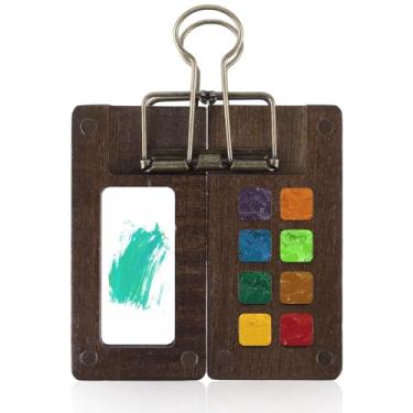 Imagem de Ouligay Mini paleta de aquarela portátil 8 Grid com um clipe, mini paleta de tinta de cor de madeira, paleta de caderno de esboços para aquarela, guache, tinta acrílica, presente para pintores e
