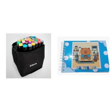 Imagem de Kit Livro De Colorir Capa Dura + Canetinhas Coloridas Touch Marca Texto De 24 Cores – ideal para traços finos e áreas grande (Kit Caneta 24 + Cad Capivaras Azul)