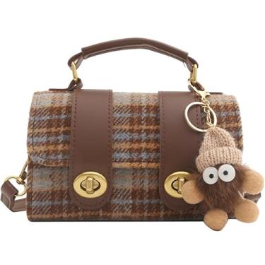 Imagem de RTGGSEL Bolsa tiracolo de malha acolchoada para mulheres pequena bolsa quadrada bolsa de mão com pingente de boneca de coelho, Marrom de lã