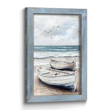 Imagem de Arte de parede para decoração de praia Seascape: Oceano Costeiro Barco Mar Pássaro Rústico Madeira Emoldurada Impressão Cena Gaivota Arte de Imagem Relaxante À Beira-Mar Decoração para Quarto Banheiro
