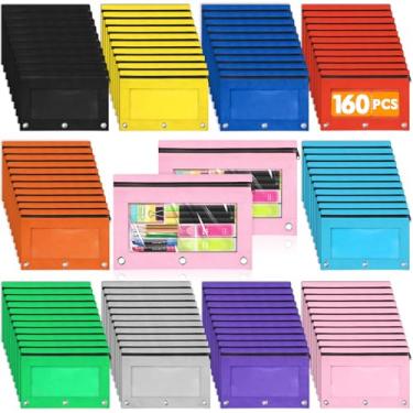 Imagem de SpringFlower Pacote com 160 bolsas de lápis de 10 cores para fichário de 3 anéis, material de escritório escolar com janela transparente, bolsa de lápis, bolsa de fichário para caneta com zíper para