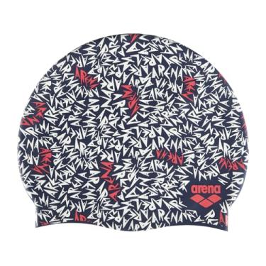 Imagem de Arena Print 2 Touca de natação de silicone unissex para adultos, mulheres e homens treinamento intensivo confortável antiderrapante chapéu de natação de cabelo longo, azul Memphis azul/rosa