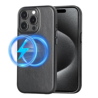 Imagem de LUCKYCOIN Capa de couro genuíno para iPhone 15 Pro Max de 6,7 polegadas [compatível com Magsafe] Top Classic Vintage Leather - Botões de metal e moldura da câmera - Ajuste fino e macio - Capa de