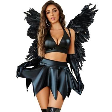 Imagem de Avidlove Lingerie sexy para mulheres rave clube encontro noite conjunto de lingerie couro 2 peças top curto frente única e minissaia preta grande