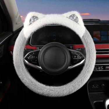Imagem de Lindo protetor de volante com brilho nas orelhas, pelúcia macia e fofa para aquecer o inverno, ajuste universal de 38 cm para carro, SUV, elástico e antiderrapante (cinza)