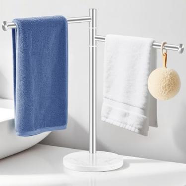 Imagem de Suporte de toalha de mão para banheiro, suporte duplo de aço inoxidável para toalha de mão com base de mármore para bancada de cozinha, níquel escovado autônomo giratório 360° 2 braços toalheiro de