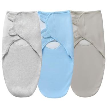 Imagem de QUENESS Cobertor de bebê para meninos e meninas, pacote com 3 sacos de dormir, 0-6 meses, 100% algodão, ajustável, saco de dormir para recém-nascidos (azul + cinza + cinza claro)