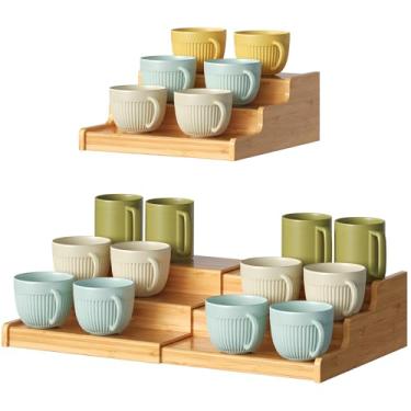 Imagem de Hongtamoya Suporte de caneca expansível de bambu de 3 camadas para bancada, suporte de xícara de café, organizador de canecas, prateleira para armário de cozinha, casa