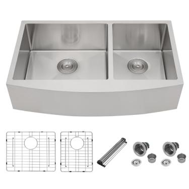 Imagem de Mocoloo Pia de cozinha de casa de fazenda inoxidável - Pia de cozinha dupla de 83 x 50 cm de aço inoxidável calibre 16 avental 60/40 pias de cozinha de fazenda, bacia de 25 cm