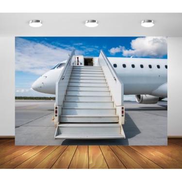 Imagem de Loccor Avental de aeroporto de tecido de 2,1 x 1,5 m pano de fundo de avião rampa de embarque para pilotos, aniversário, viagem, tema de festa, decoração de estúdio fotográfico