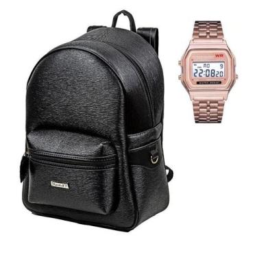 Imagem de Bolsa Mochila Feminina Escolar Faculdade Preta + Relógio Digital Led d