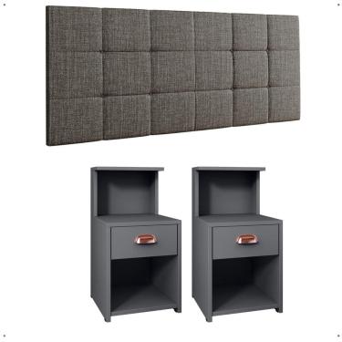 Imagem de Kit Quarto 2 Mesas Cléo Gaveta Nicho Prateleira Retrô Cabeceira Modulada Bia Linho Cama Box Casal 1,40 Cinza - RPM