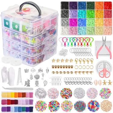 Imagem de Kit de Miçangas para Pulseiras, 12000 Para Fabricação Joias Pulseiras, kit de pulseira de elastico com Contas Coloridas, Pingentes e Acessórios, Caixa Organizadora 16x15x15cm presente para meninas
