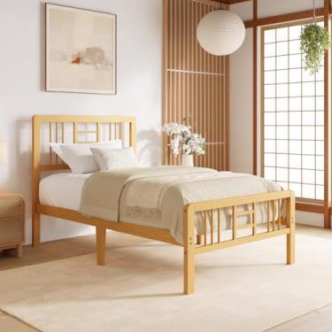 Imagem de Hunlostten Estrutura de cama de solteiro de madeira de bambu de 30,5 cm de altura com cabeceira e pé, estrutura de cama de plataforma tamanho solteiro com suporte de ripas de aço, resistente, sem