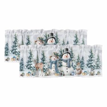Imagem de Pacote com 2 cortinas de sanefa para janelas de cozinha, inverno, boneco de neve, alce, varão, árvore de Natal, esquilo, decoração de janela pequena, para quarto, sala de estar, banheiro, 137 x 45 cm