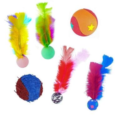 Imagem de KIT de Brinquedo para Gato 6 Bolinhas Mix Pula Pena Chocalho - StilloP
