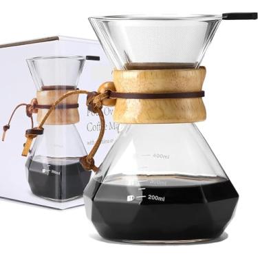 Imagem de Timberblue Cafeteira com filtro de aço inoxidável reutilizável, jarra de café de vidro borossilicato, colar de madeira, infusor de café comporta 2 xícaras, 400 ml, transparente