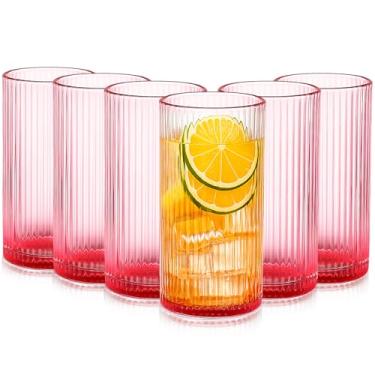 Imagem de Jingmore Conjunto de 6 copos de vinho com nervuras rosa de 354 g copos de vinho altos canelados, copos de coquetel estilo vintage para suco, coquetel, água, cerveja, chá, uísque